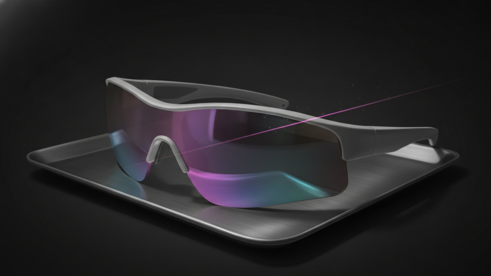 Illustrazione: un paio di occhiali sportivi a lente specchiata visti di tre quarti, con polvere sospesa nella luce radente